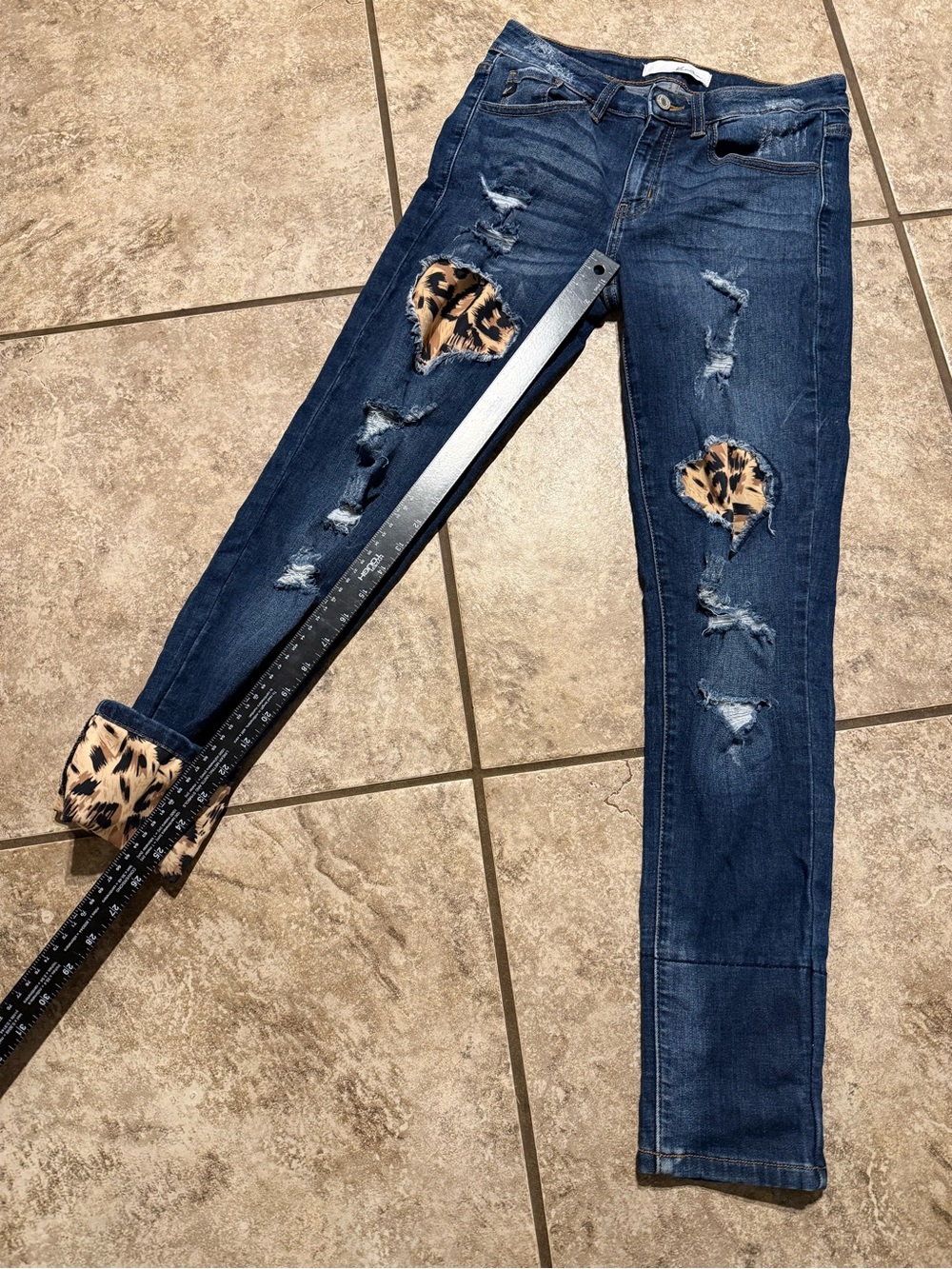 KanCan Dark Blue Skinny Jeans with Leopard details